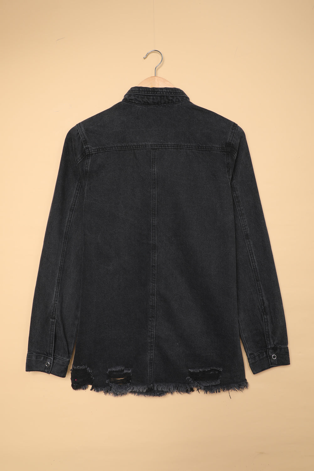 Long Sleeve Button-Down Black Ripped Denim Jean Jacket