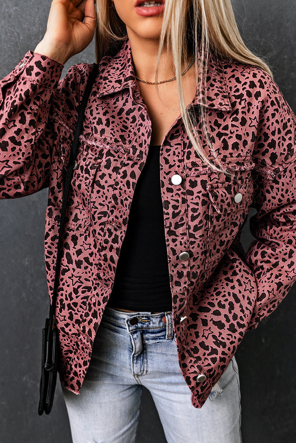 Long Sleeve Button-down Pink Leopard Print Denim Jean Jacket