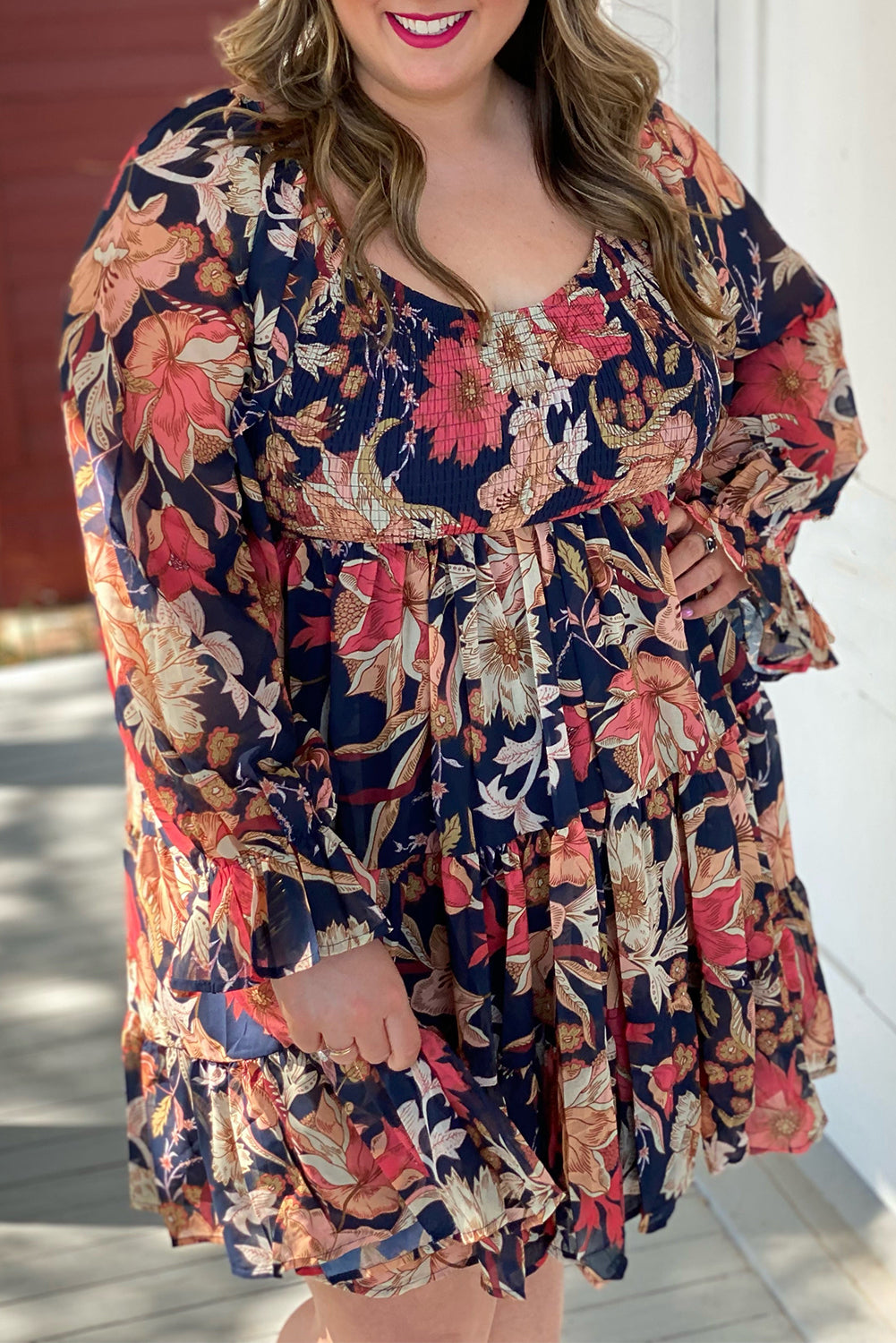 Long Sleeve Floral Print Plus Size Mini Dress