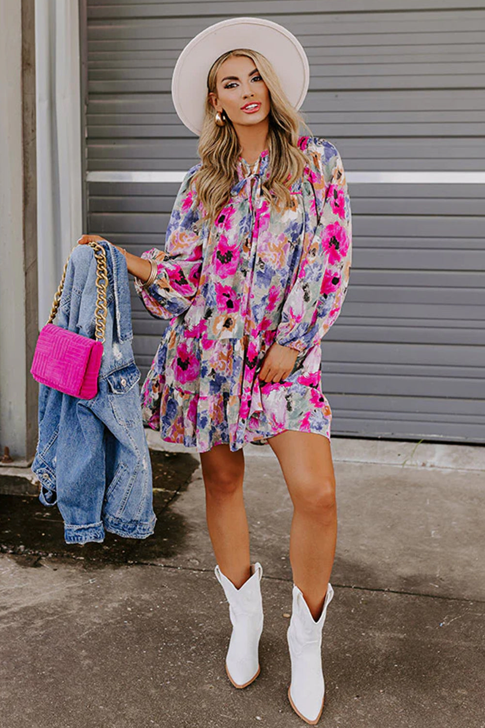 Long Sleeve V-neck Smocked Floral Print Mini Dress