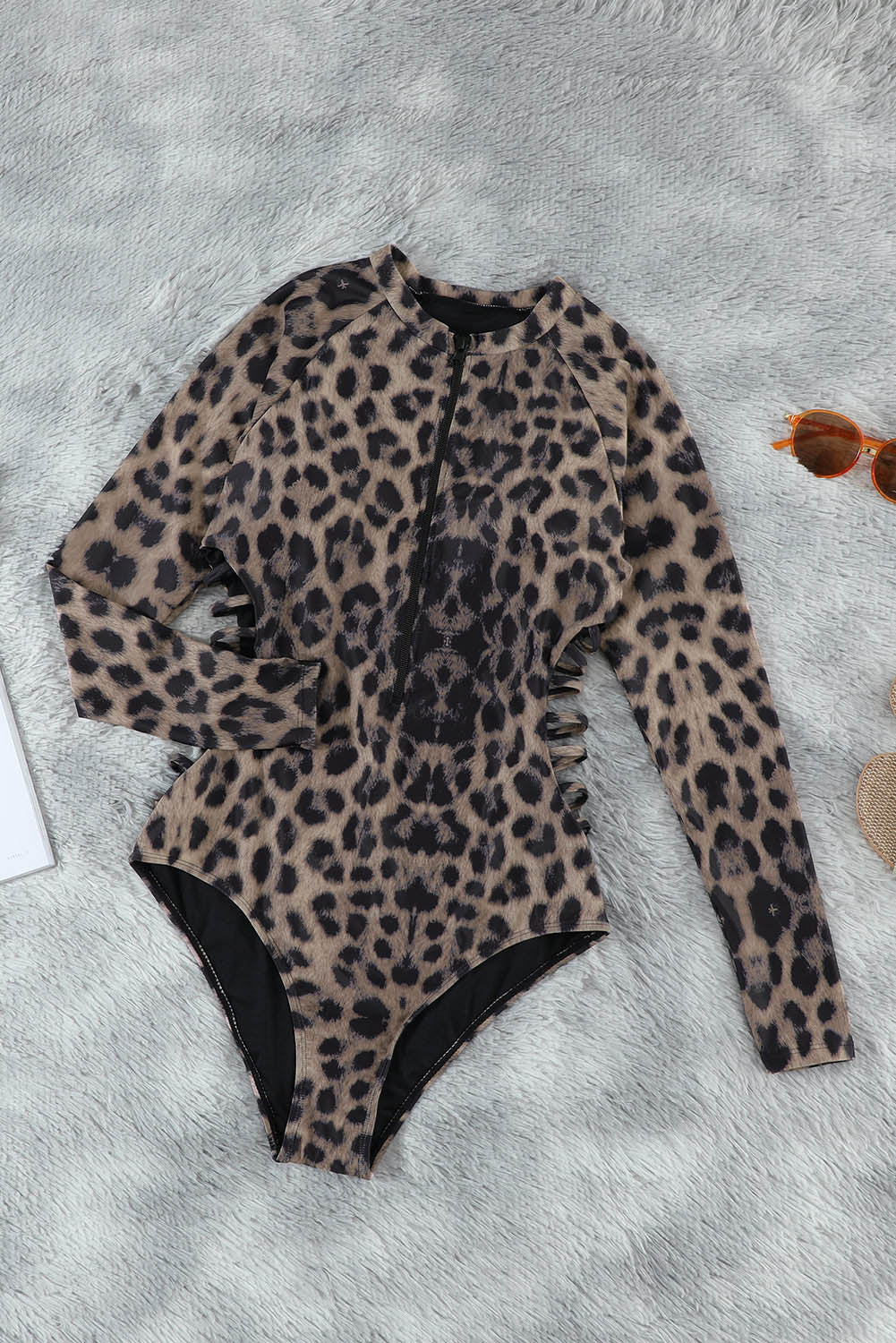 One-Piece Leopard Print Zip Front Long Sleeve Swimsuit