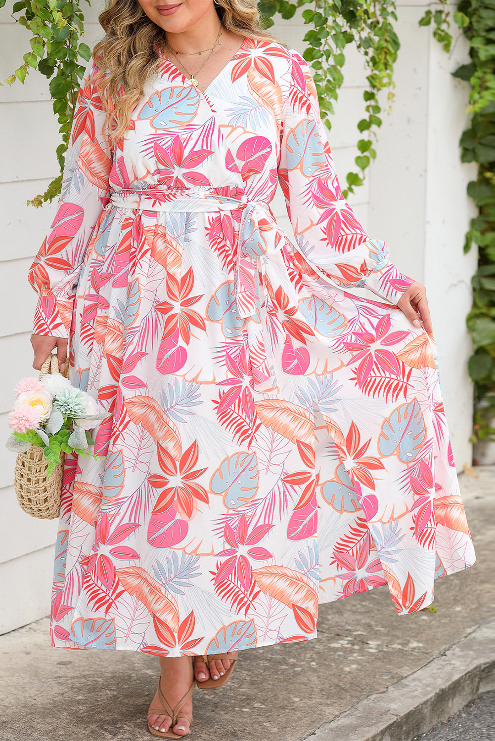 Long Sleeve V-Neck Tropical Print Plus Size Maxi Dress