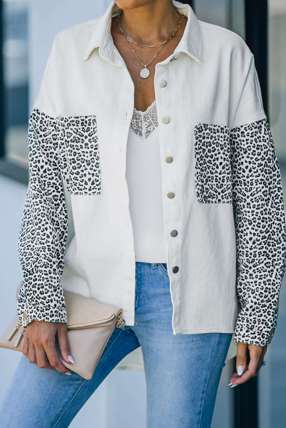 Long Sleeve Button-down Leopard Print White Denim Jean Jacket