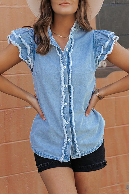 Flutter Sleeve Button-down Denim Shirt/Top