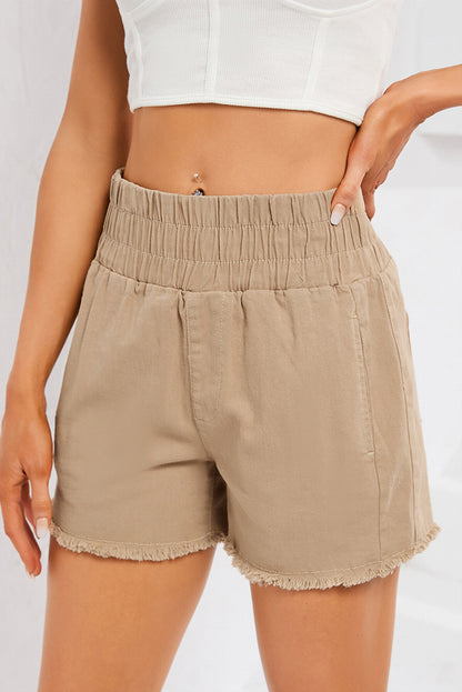 High Rise Elastic Waist Khaki Denim Shorts