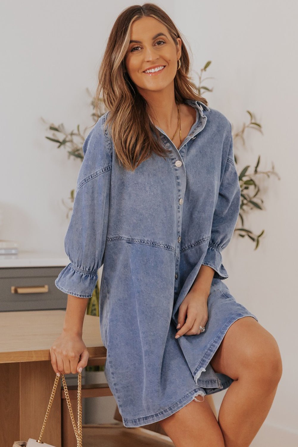 1/2 Sleeve Button-down Denim Blue Jean Mini Dress