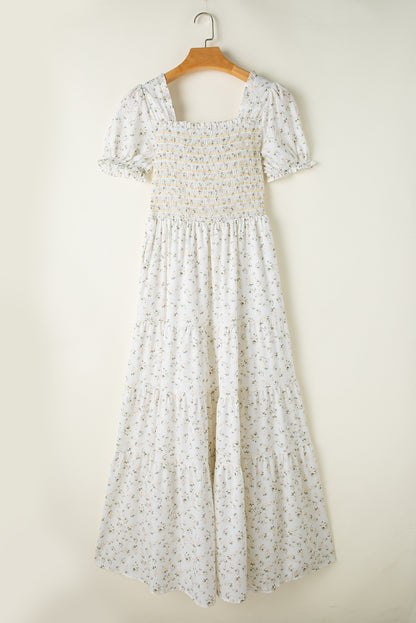 Short Sleeve White Floral Print Maxi Dress