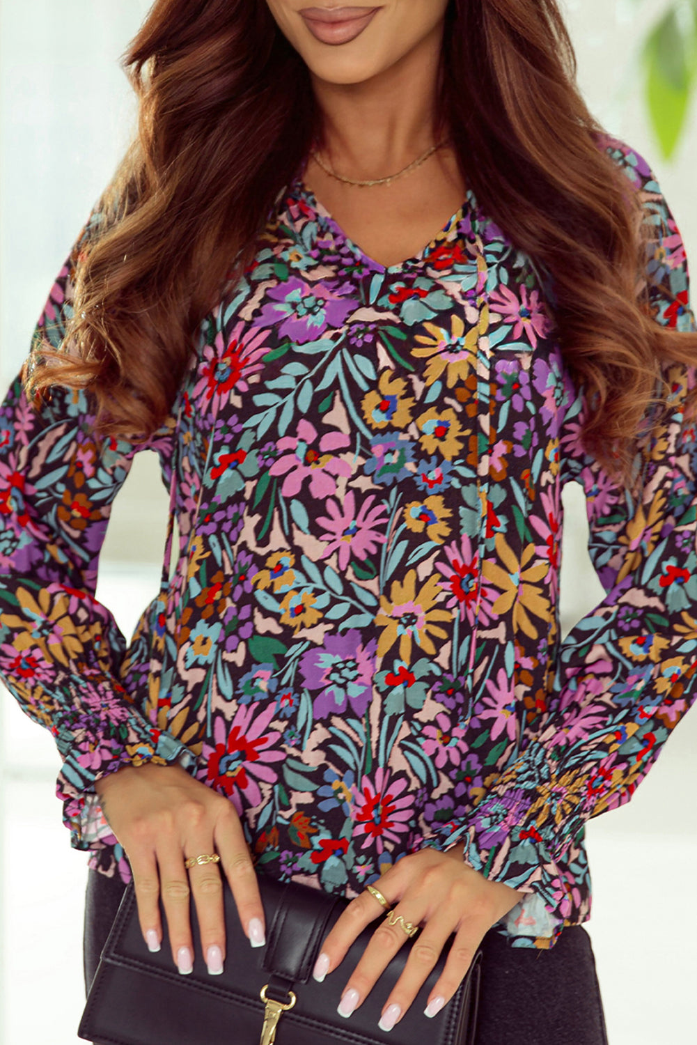 Long Sleeve Floral Print V-neck Top