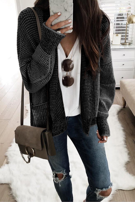 Long sleeve Chunky Waffle Knit Oversized Open Front Cardigan Sweater Black