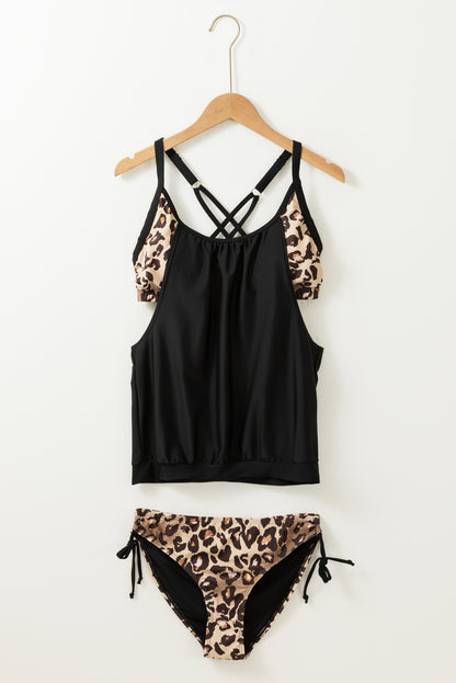Two-piece Black and Leopard Print Tankini