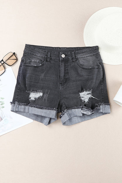 Mid-Rise Factory Distressed Black Denim Jean Shorts