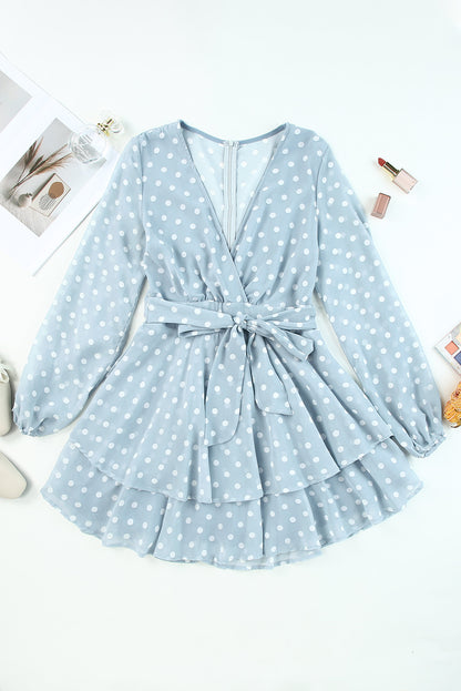 Long Sleeve Blue and White Polka-dot Wrap Dress