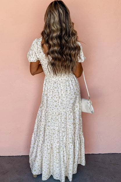 Short Sleeve White Floral Print Maxi Dress