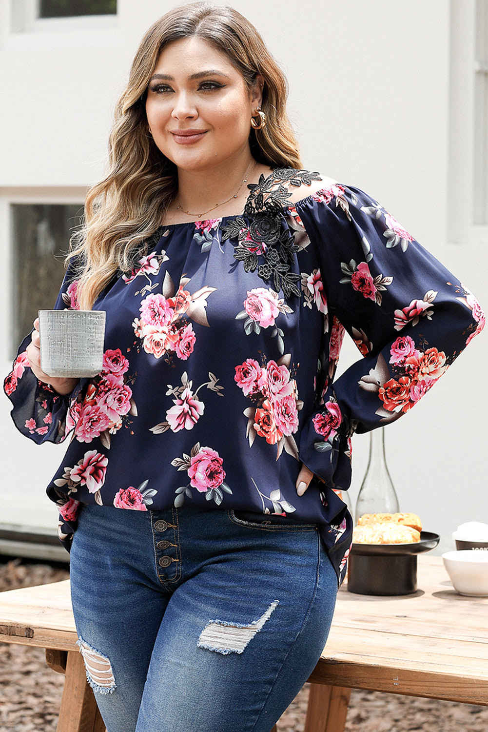 Long Sleeve Floral Print Plus Size Top