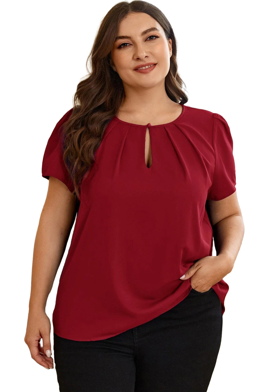 Short Sleeve Pleated Red Top