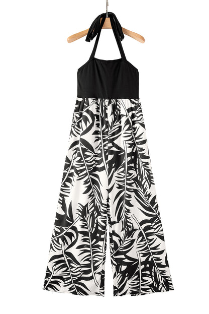 Sleeveless Wide Leg Black and White Tropical Print Jumpsuit