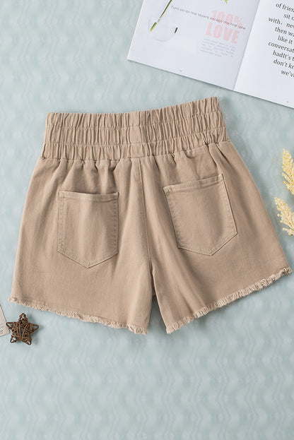 High Rise Elastic Waist Khaki Denim Shorts