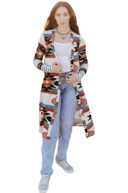 Long Sleeve Open Front Aztec Print Duster/Cardigan