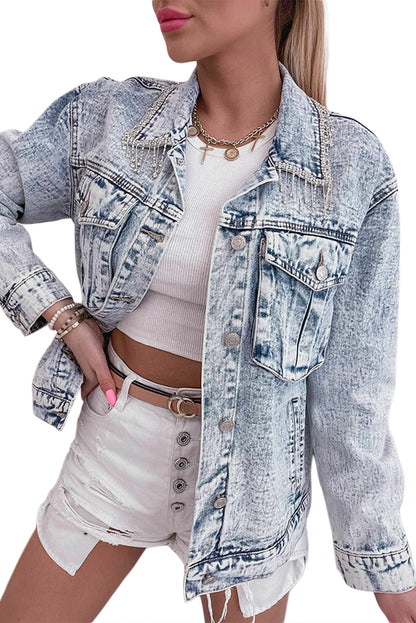 Long Sleeve Button-Down Acid Wash Denim Blue Jean Jacket