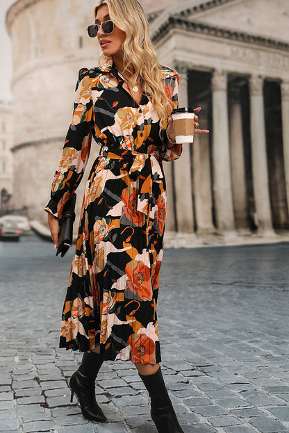 Long Sleeve Button-down Floral Print Shirt Dress