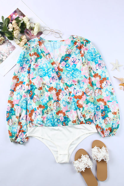 Long Sleeve Floral Print V-neck Bodysuit