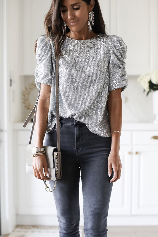 Short Sleeve Shimmering Silver Sequin Top