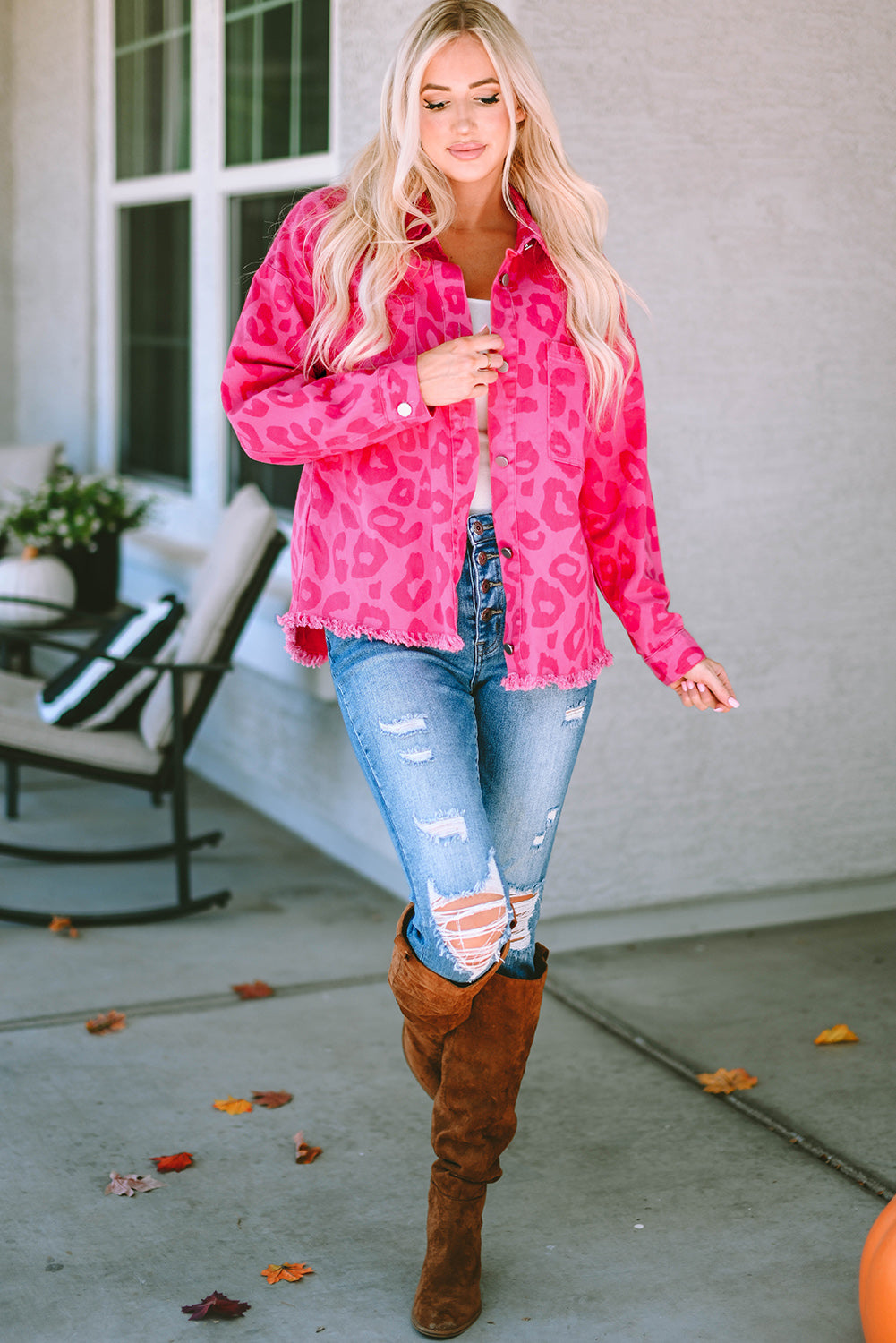 Long Sleeve Button-down Pink Denim Jean Jacket