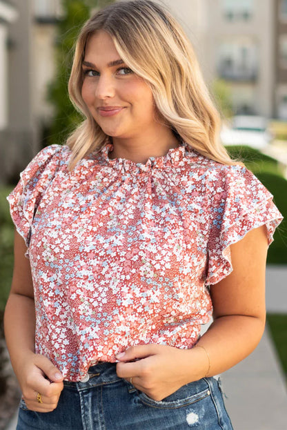 Flutter Sleeve Floral Print Plus Size Top