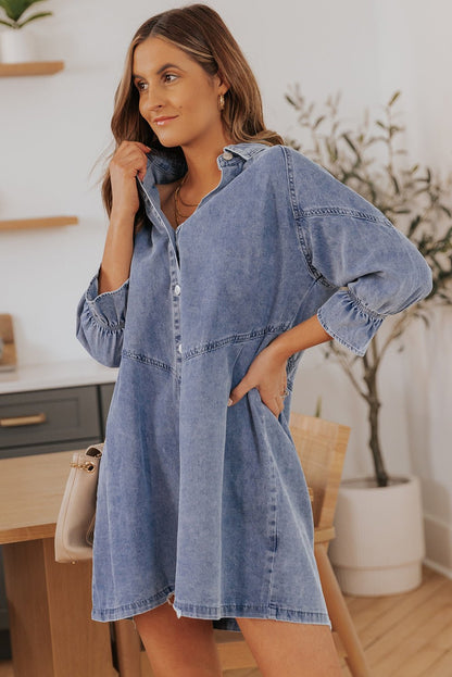 1/2 Sleeve Button-down Denim Blue Jean Mini Dress