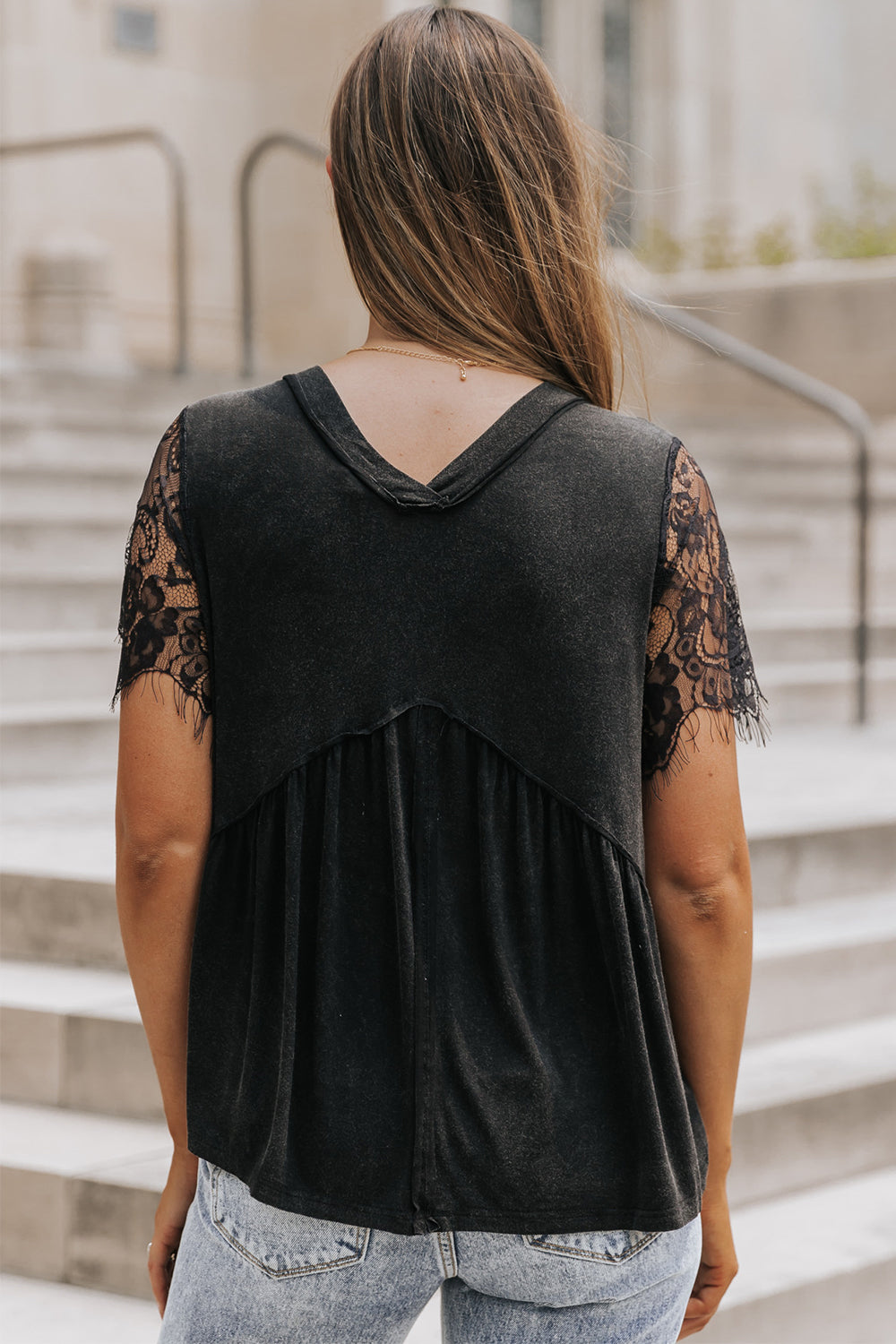 Short Sleeve V-neck Black Lacey Top