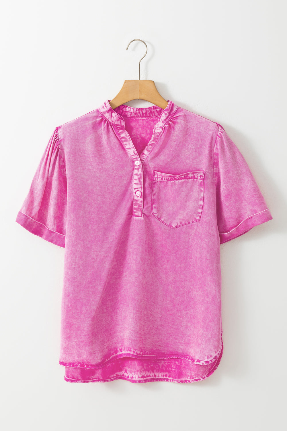 Short Sleeve Split V-neck Pink Denim Chambray Top