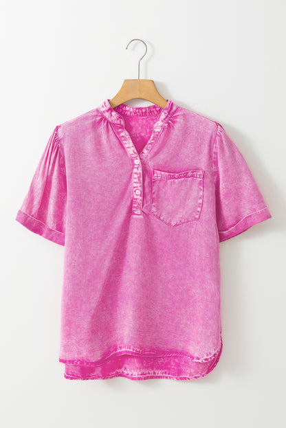 Short Sleeve Split V-neck Pink Denim Chambray Top