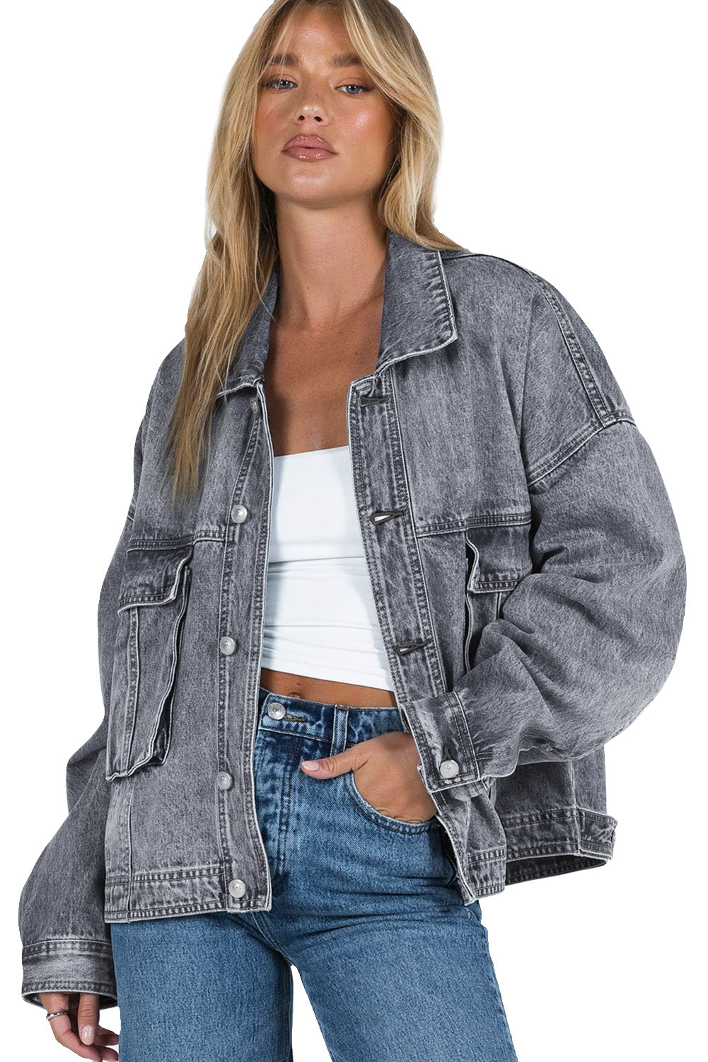 Long Sleeve Button-down Oversized Gray Denim Jean Jacket