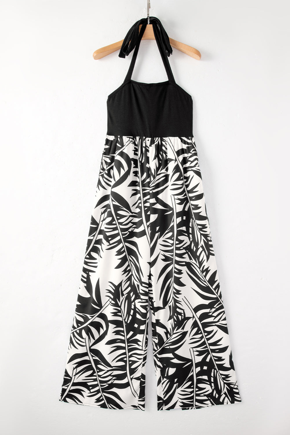 Sleeveless Wide Leg Black and White Tropical Print Jumpsuit