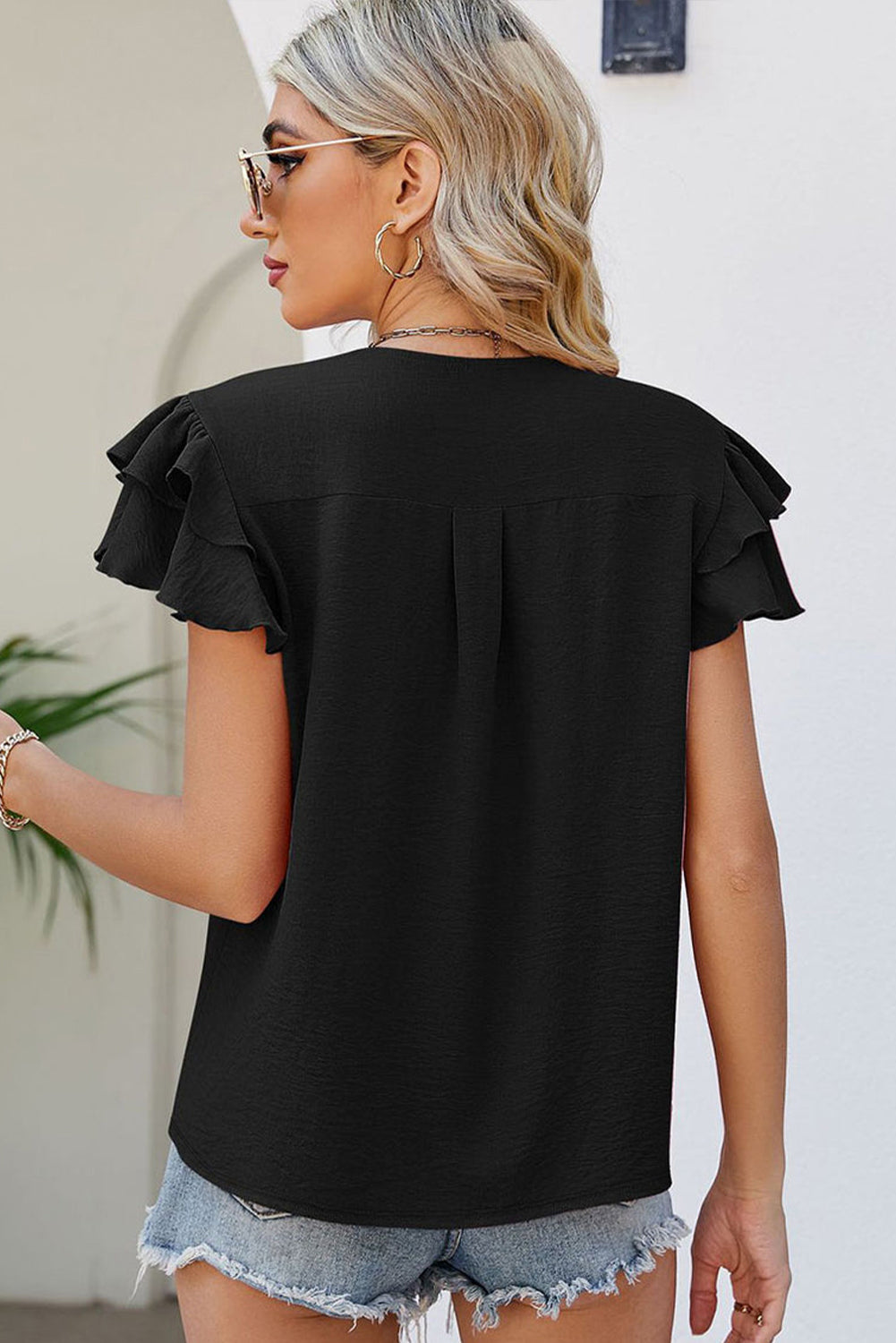 Flutter Sleeve V-neck Black Top