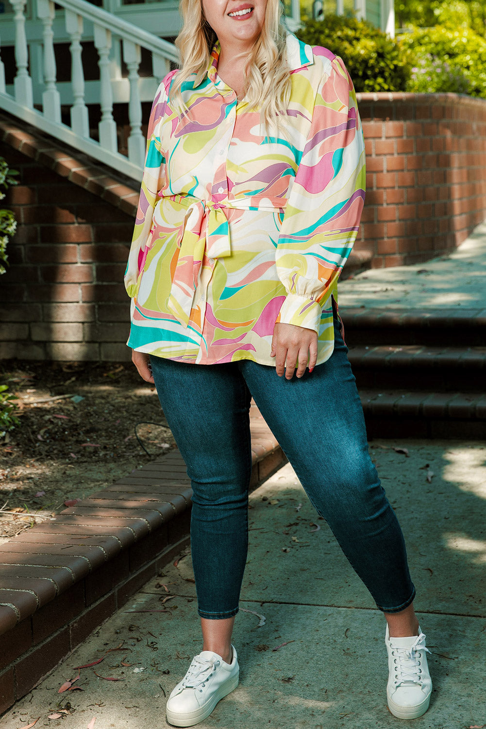 Long Sleeve Button-down Floral Print Plus Size Top