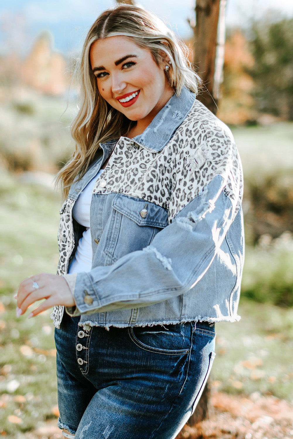 Long Sleeve Button-down Denim Leopard Print Jean Jacket