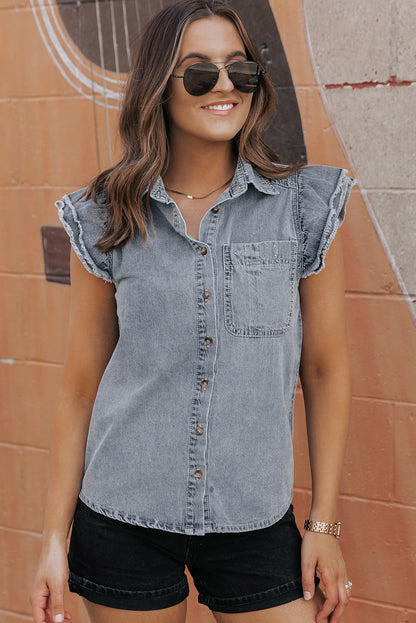 Flutter Sleeve Button-down Denim Jean Shirt