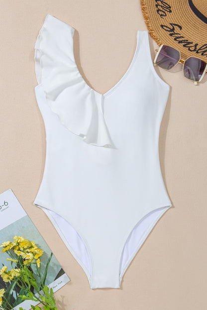 One-piece High Waisted White V-neck Swimsuit