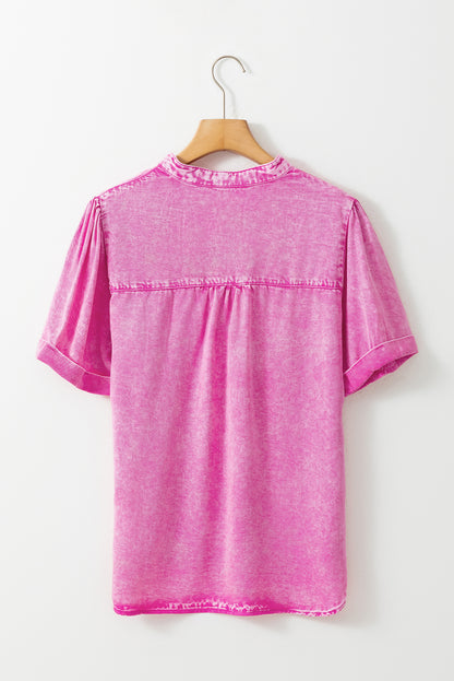 Short Sleeve Split V-neck Pink Denim Chambray Top