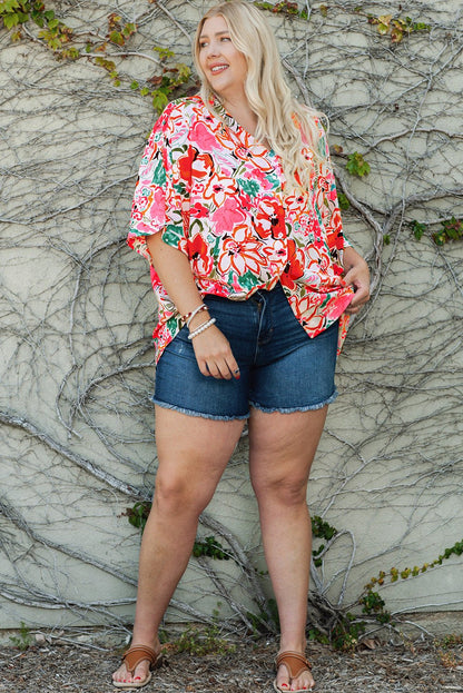 1/2 Sleeve Button- Down Floral Print Plus Size Top