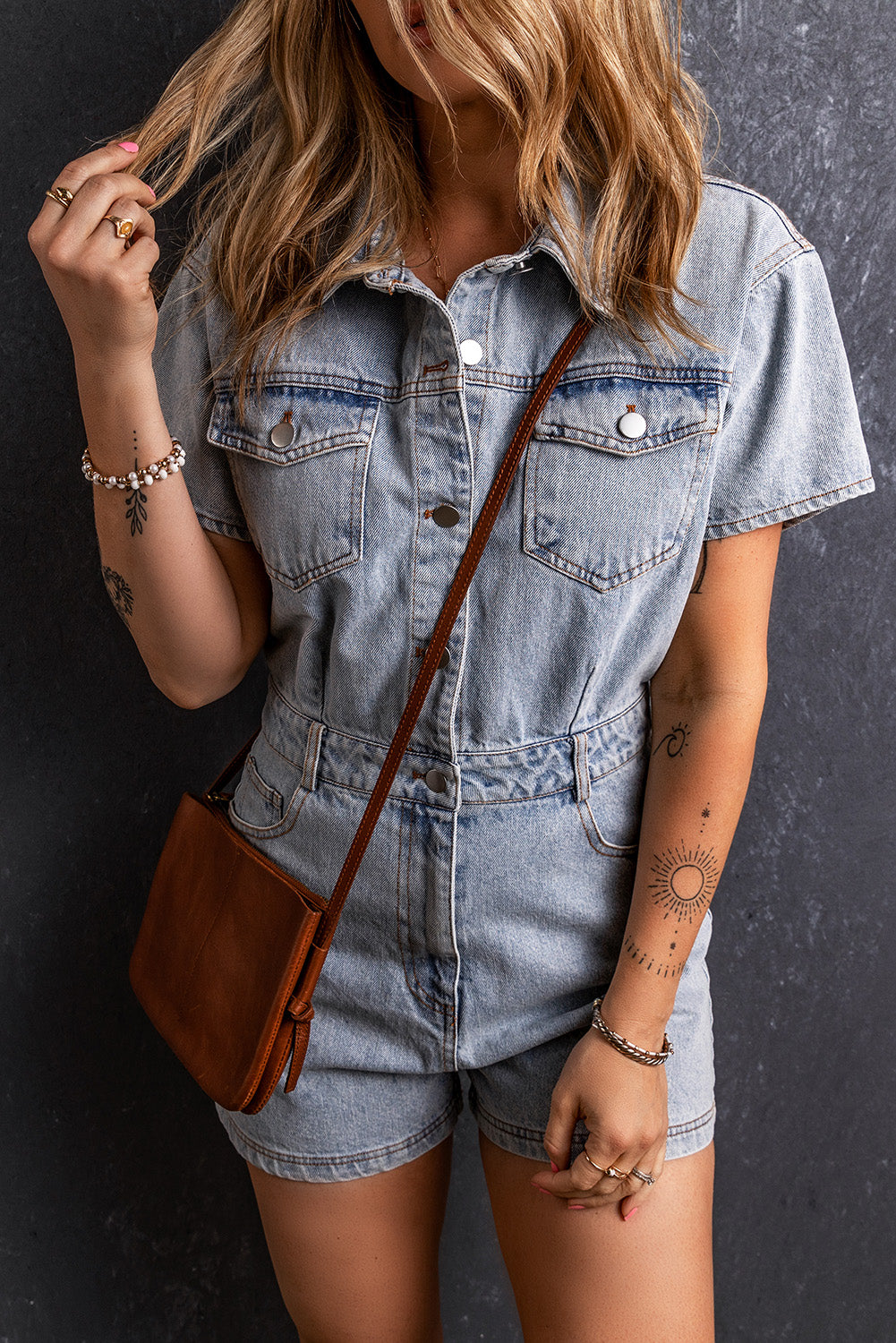 Short Sleeve Denim Blue Jean Romper