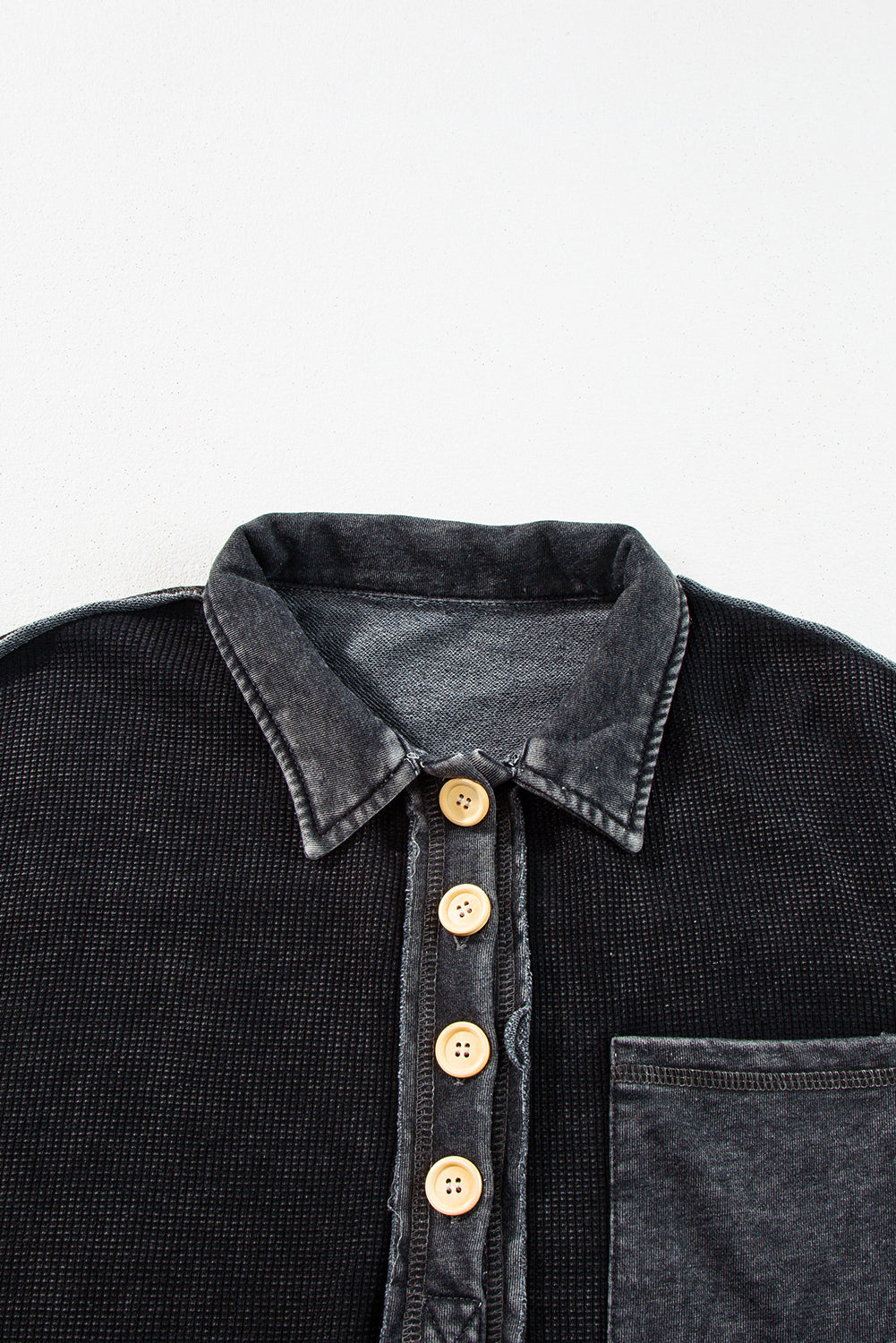 Black Waffle Exposed Seam Pocket Henley Sweatshirt