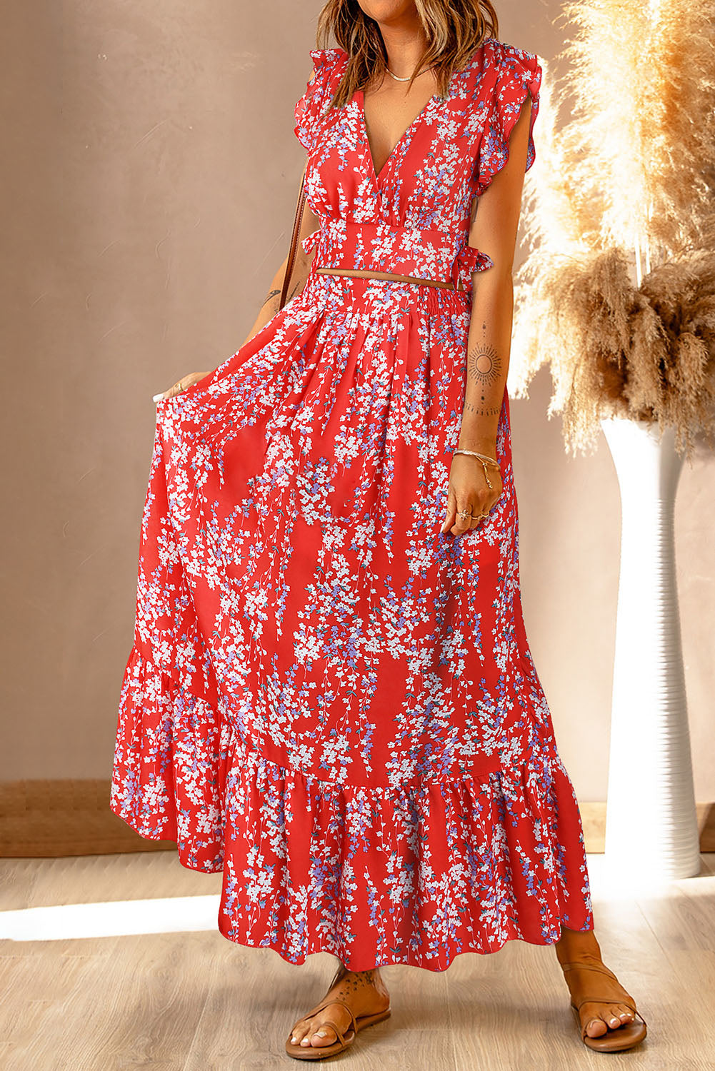 Flutter Sleeve Floral Print V-neck Maxi Skirt Set