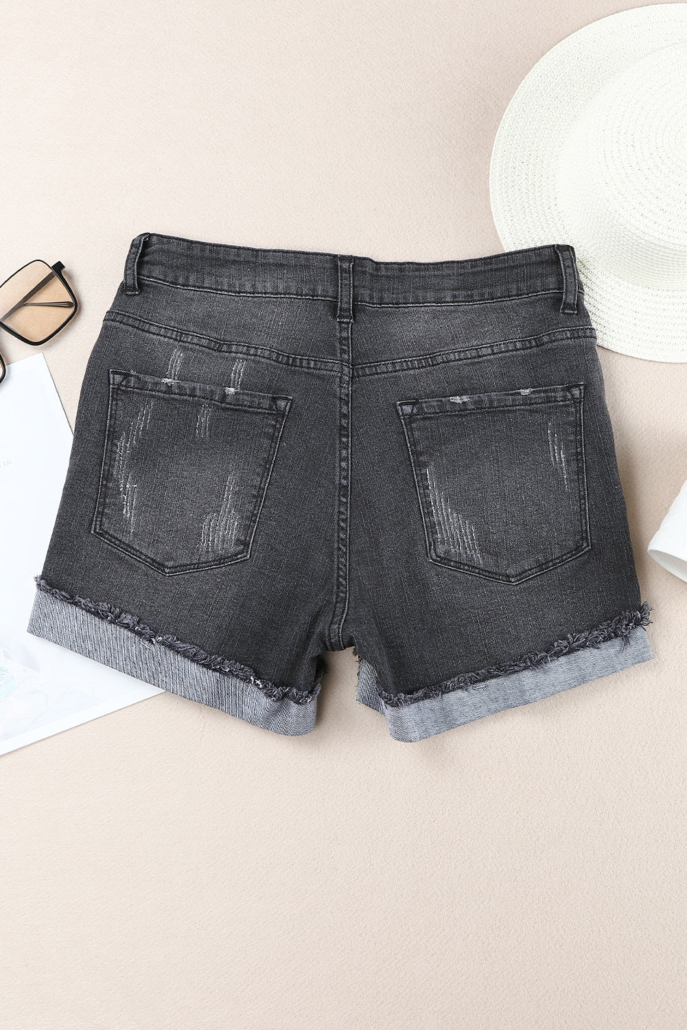 Mid-Rise Factory Distressed Black Denim Jean Shorts