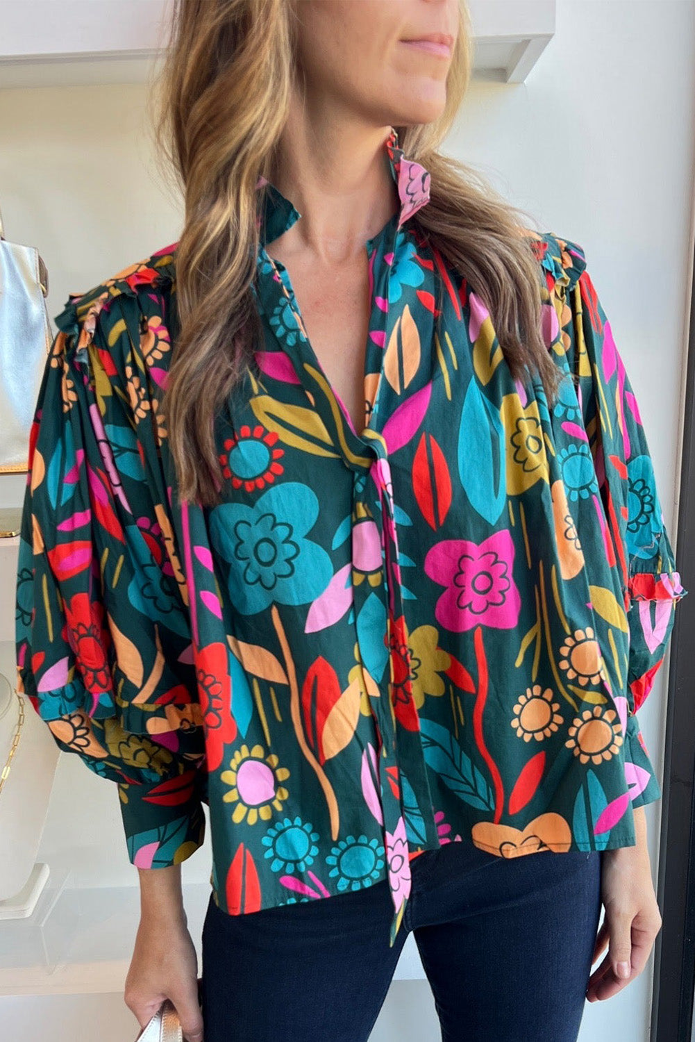 Long Sleeve Split V-neck Floral Print Top