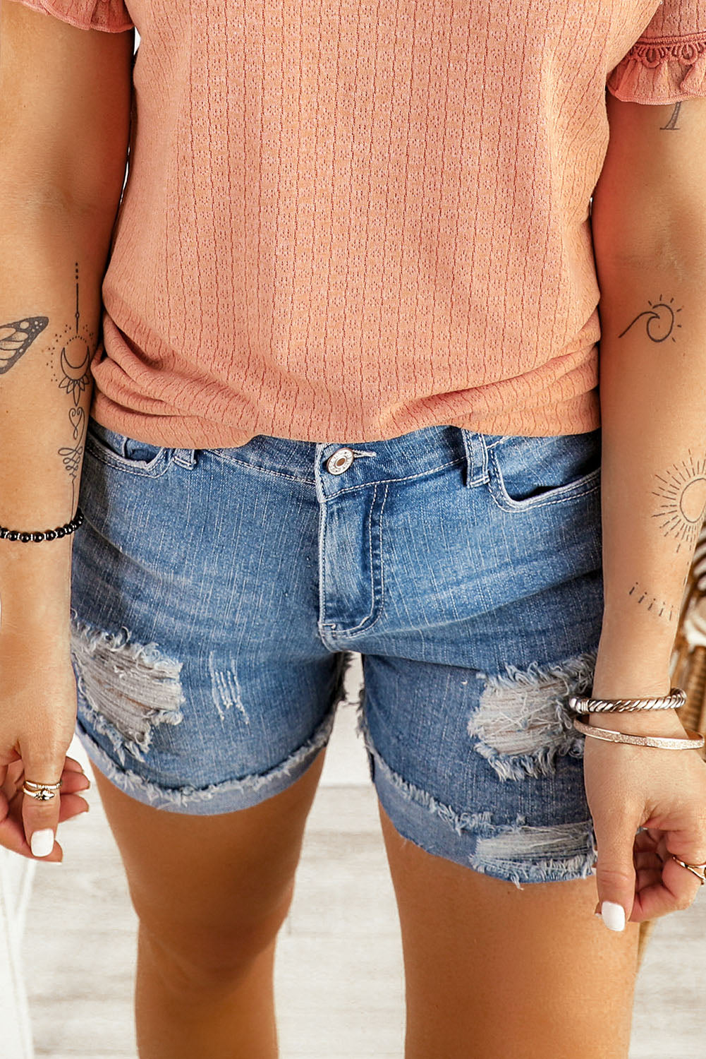 Mid-Rise Factory Distressed Blue Jean Denim Shorts