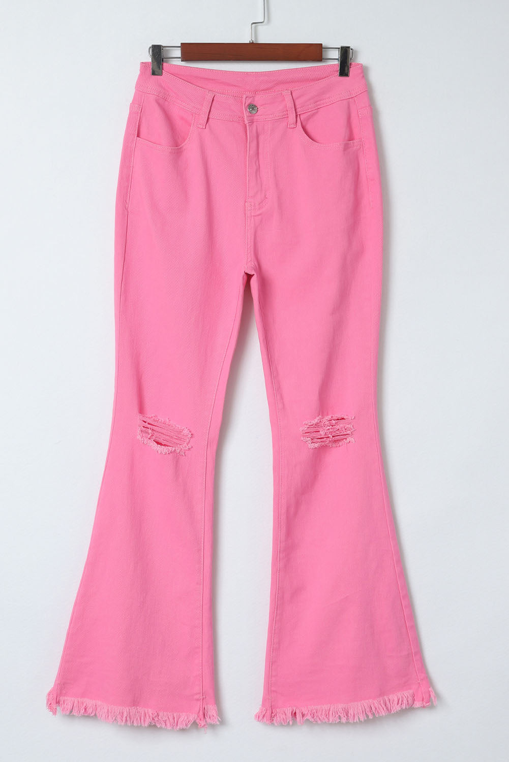 High Rise Flared Leg Raw Hem Pink Denim Jeans