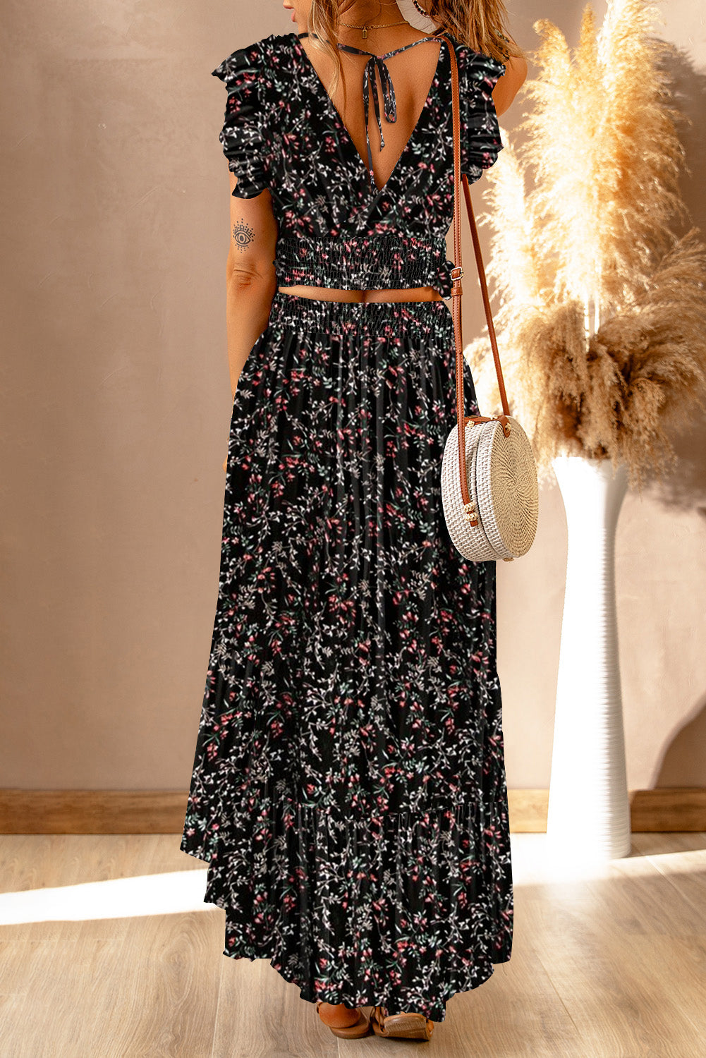 Flutter Sleeve Floral Print Maxi Skirt Set