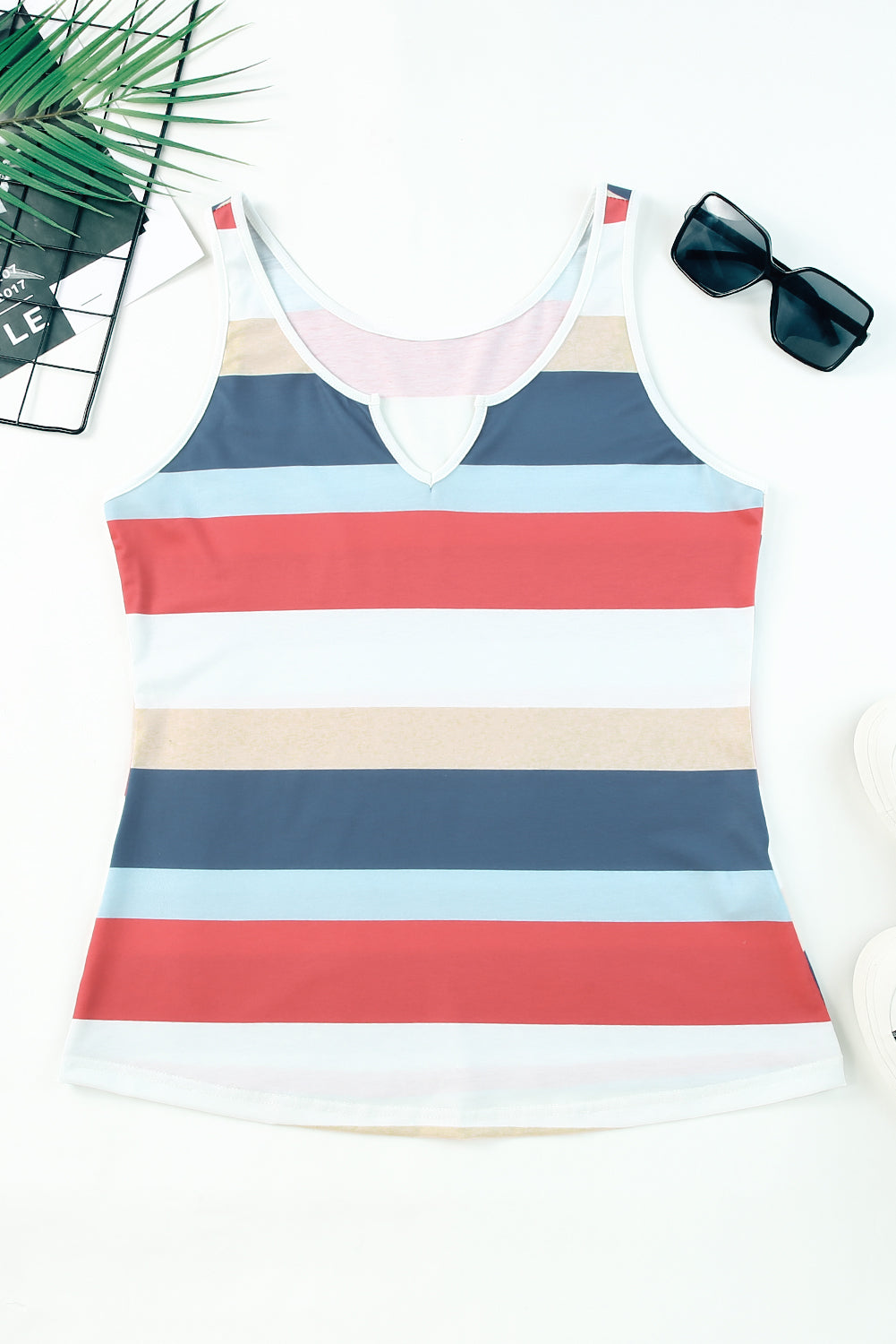 Sleeveless Split V-neck Striped Tank Top